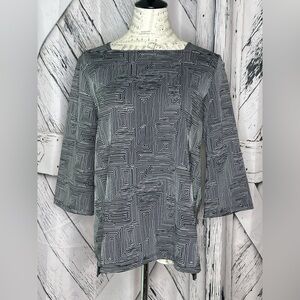 Clara Sun Woo Tunic Geometric Print Top Black White Square Neck Long Sleeve S